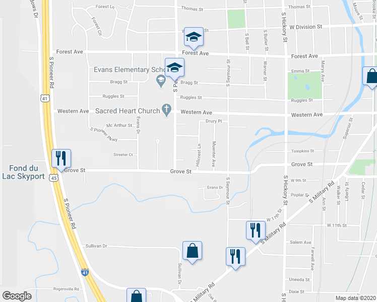 map of restaurants, bars, coffee shops, grocery stores, and more near 616 Pleasure Place in Fond du Lac