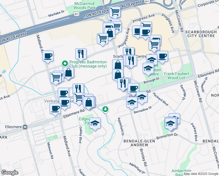 map of restaurants, bars, coffee shops, grocery stores, and more near in Toronto