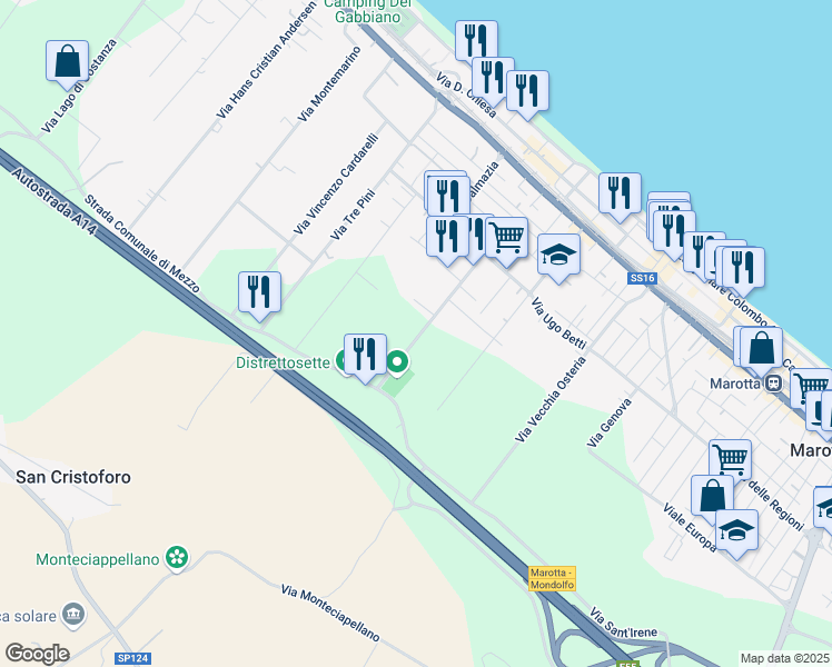 map of restaurants, bars, coffee shops, grocery stores, and more near 20 Via Arturo Martini in Provincia di Pesaro e Urbino
