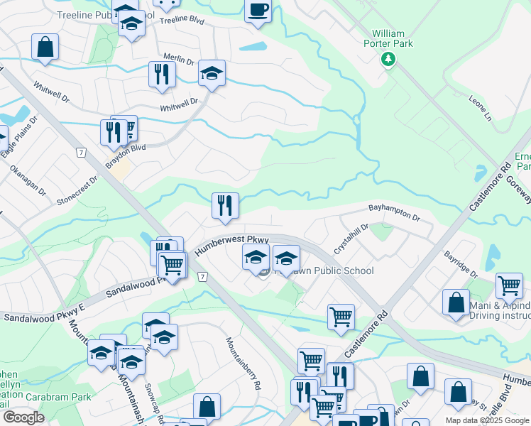 map of restaurants, bars, coffee shops, grocery stores, and more near 6 Maplecrest Court in Brampton
