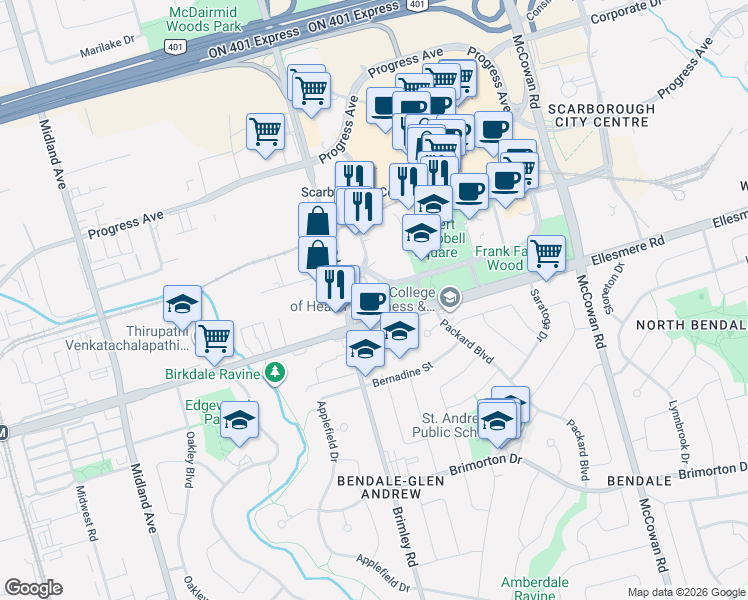 map of restaurants, bars, coffee shops, grocery stores, and more near 125 Omni Drive in Toronto