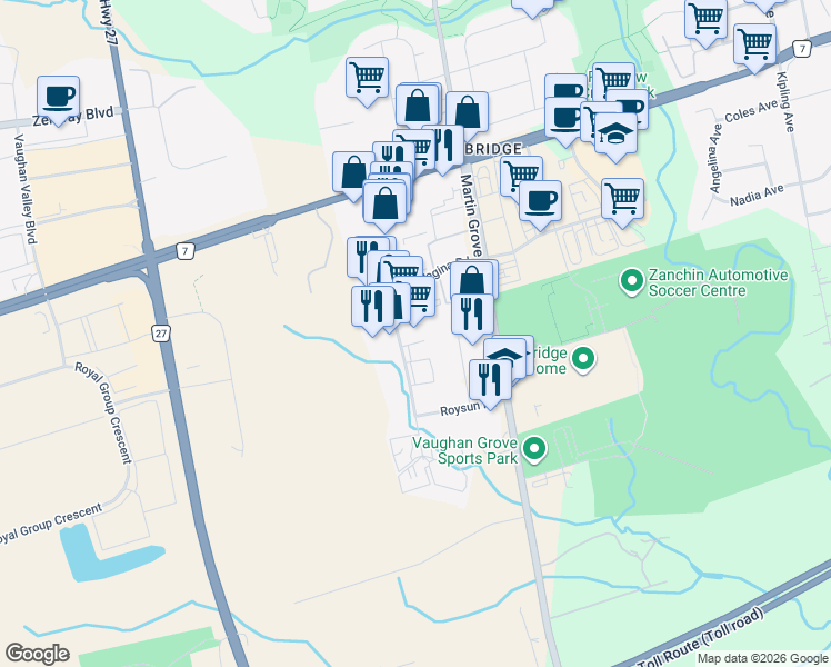 map of restaurants, bars, coffee shops, grocery stores, and more near 133 Regina Road in Vaughan