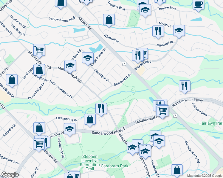 map of restaurants, bars, coffee shops, grocery stores, and more near 39 Stonecrest Drive in Brampton