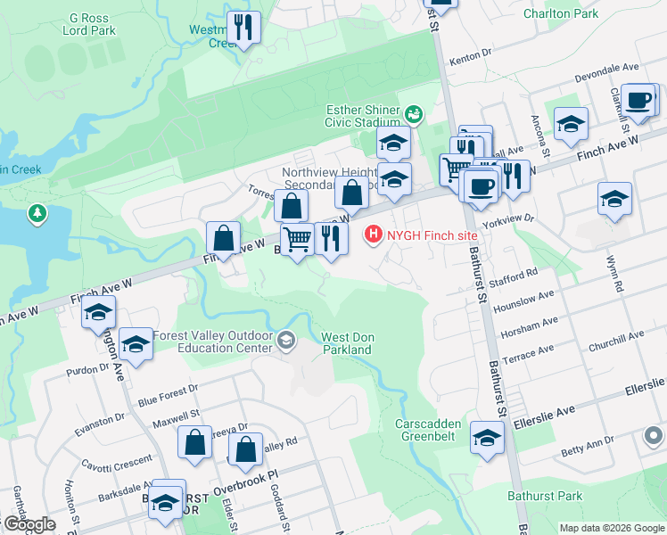 map of restaurants, bars, coffee shops, grocery stores, and more near 3 Goldfinch Court in Toronto