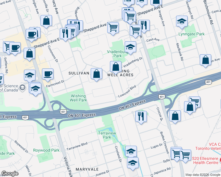 map of restaurants, bars, coffee shops, grocery stores, and more near 78 Wishing Well Drive in Toronto