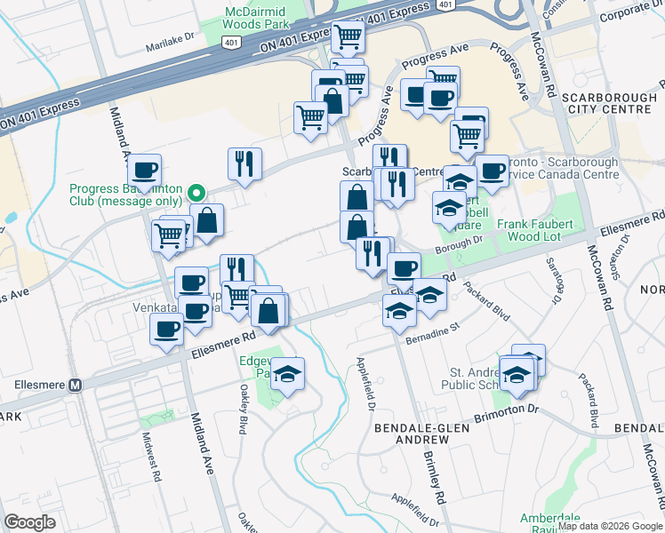 map of restaurants, bars, coffee shops, grocery stores, and more near in Toronto