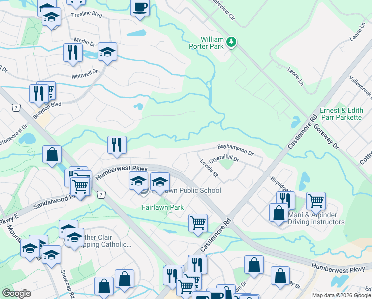 map of restaurants, bars, coffee shops, grocery stores, and more near 94 Bayhampton Drive in Brampton