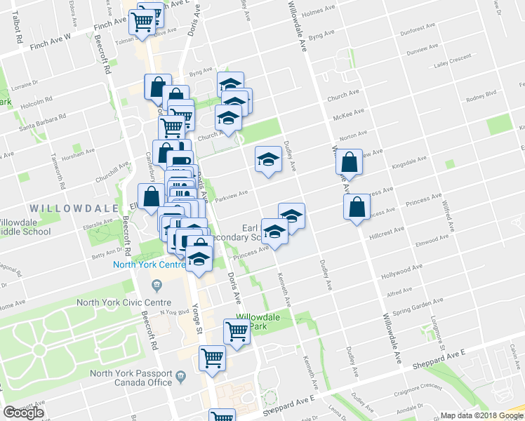 map of restaurants, bars, coffee shops, grocery stores, and more near 85 Kingsdale Avenue in Toronto