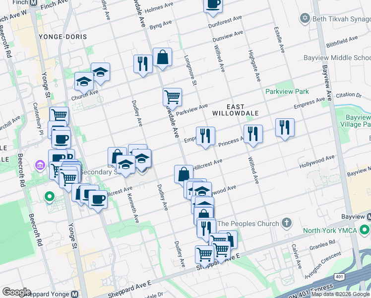 map of restaurants, bars, coffee shops, grocery stores, and more near 255 Willowdale Avenue in Toronto