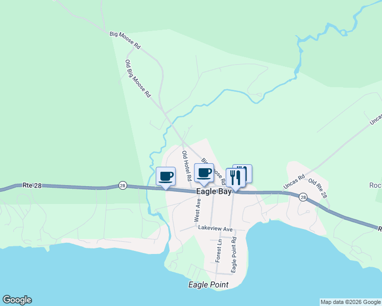 map of restaurants, bars, coffee shops, grocery stores, and more near 159 Big Moose Road in Eagle Bay