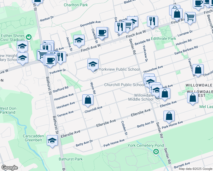 map of restaurants, bars, coffee shops, grocery stores, and more near 393 Hounslow Avenue in Toronto