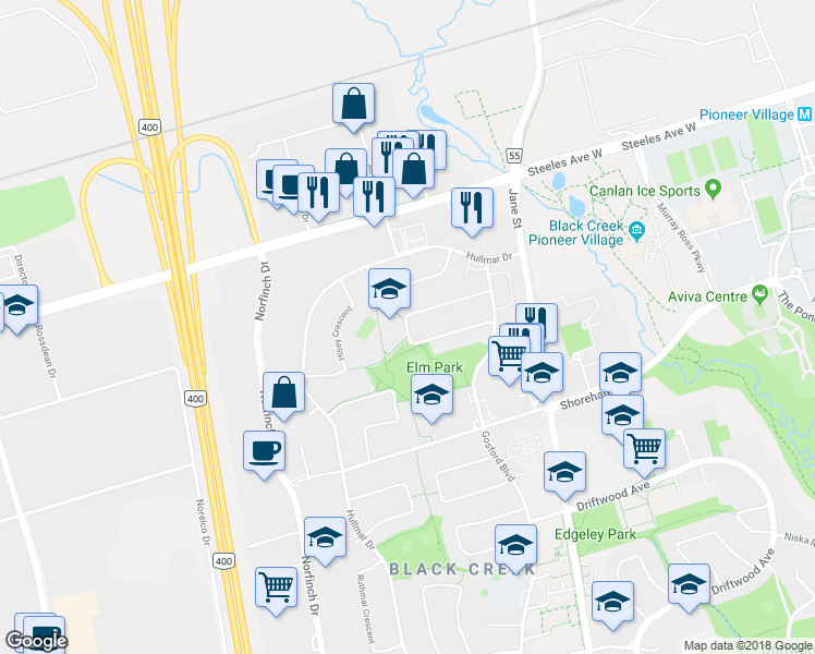 map of restaurants, bars, coffee shops, grocery stores, and more near 56 Blacksmith Crescent in Toronto