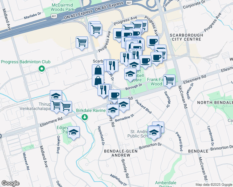 map of restaurants, bars, coffee shops, grocery stores, and more near 125 Omni Drive in Toronto