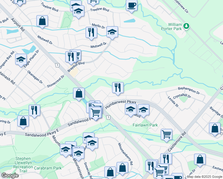 map of restaurants, bars, coffee shops, grocery stores, and more near 12 Butterfly Ridge Court in Brampton