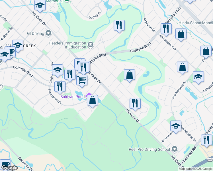 map of restaurants, bars, coffee shops, grocery stores, and more near 10 Daylilly Terrace in Brampton