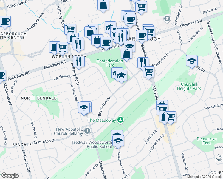 map of restaurants, bars, coffee shops, grocery stores, and more near 81 Amberjack Boulevard in Toronto