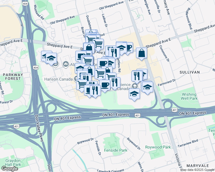 map of restaurants, bars, coffee shops, grocery stores, and more near 400 Consumers Road in Toronto