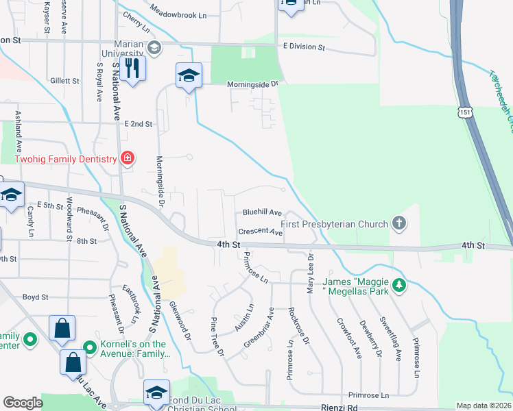 map of restaurants, bars, coffee shops, grocery stores, and more near 995 Bluehill Avenue in Fond du Lac