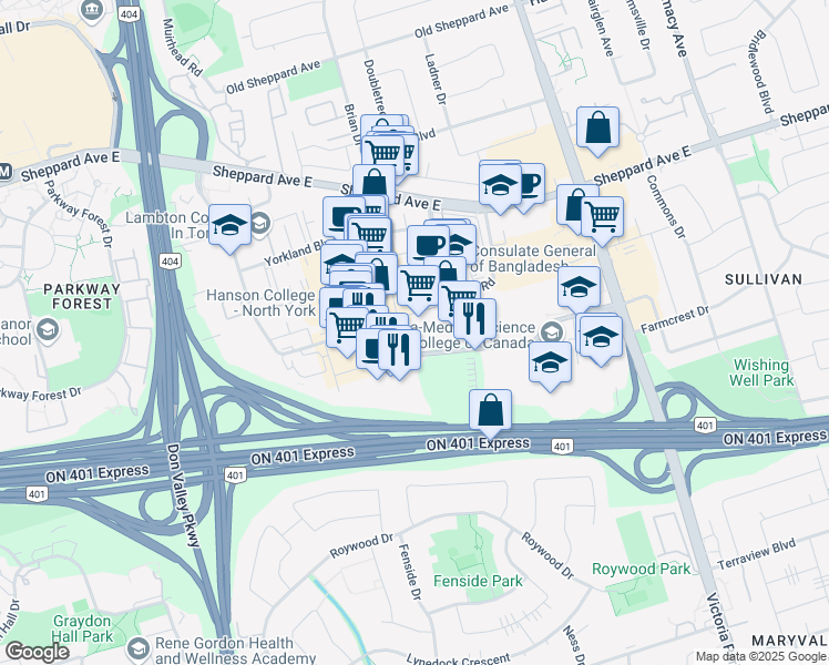 map of restaurants, bars, coffee shops, grocery stores, and more near 304 Consumers Road in Toronto