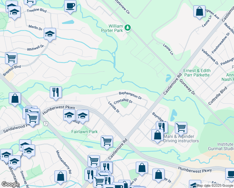 map of restaurants, bars, coffee shops, grocery stores, and more near Bayhampton Drive in Brampton