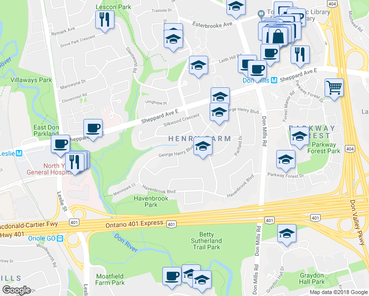 map of restaurants, bars, coffee shops, grocery stores, and more near 44 George Henry Boulevard in Toronto
