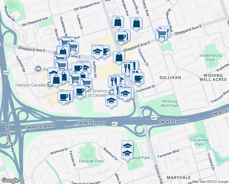 map of restaurants, bars, coffee shops, grocery stores, and more near 515 Consumers Road in Toronto