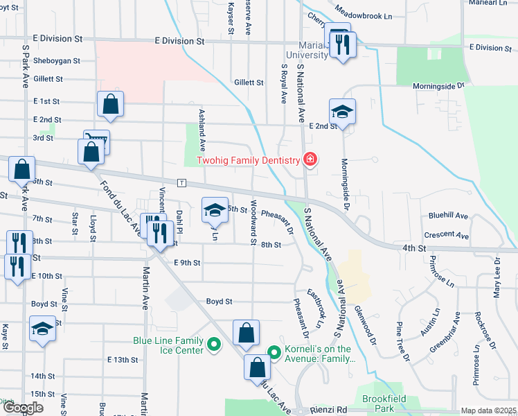map of restaurants, bars, coffee shops, grocery stores, and more near 11 Pheasant Drive in Fond du Lac