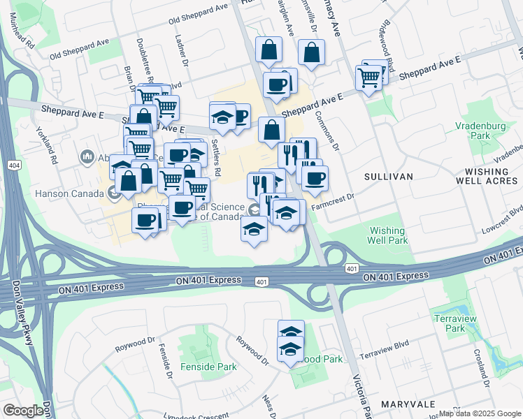 map of restaurants, bars, coffee shops, grocery stores, and more near 515 Consumers Road in Toronto