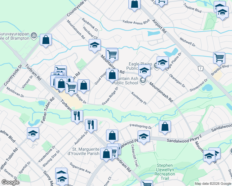 map of restaurants, bars, coffee shops, grocery stores, and more near 06 Arctic Willow Road in Brampton