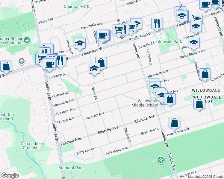 map of restaurants, bars, coffee shops, grocery stores, and more near 389 Hounslow Avenue in Toronto