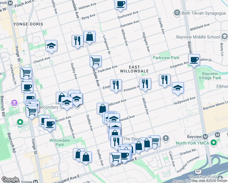 map of restaurants, bars, coffee shops, grocery stores, and more near 248 Princess Avenue in Toronto
