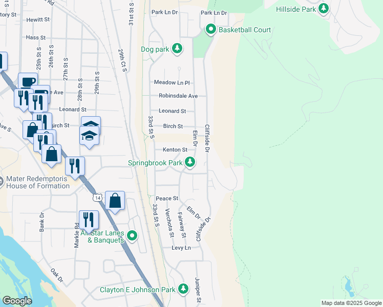 map of restaurants, bars, coffee shops, grocery stores, and more near 3611 Elm Drive in La Crosse