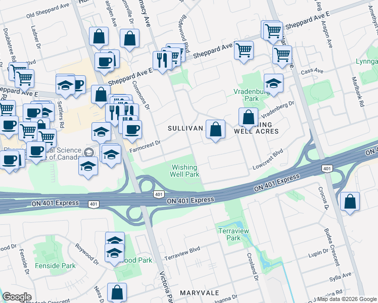map of restaurants, bars, coffee shops, grocery stores, and more near 43 Meadowacres Drive in Toronto