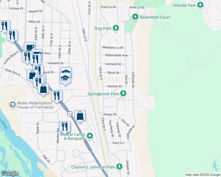 map of restaurants, bars, coffee shops, grocery stores, and more near 3311 Kenton Street in La Crosse