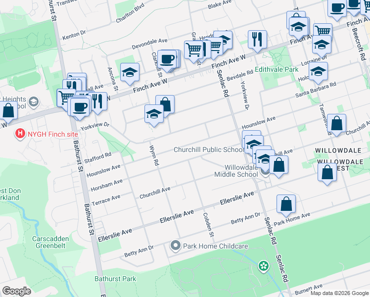 map of restaurants, bars, coffee shops, grocery stores, and more near 387 Hounslow Avenue in Toronto