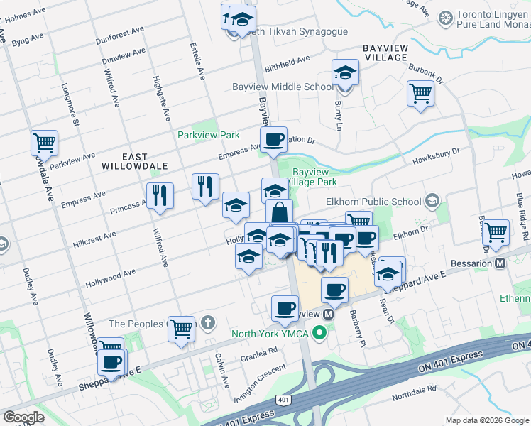 map of restaurants, bars, coffee shops, grocery stores, and more near 347 Elmwood Avenue in Toronto
