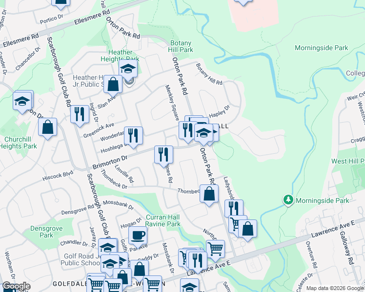 map of restaurants, bars, coffee shops, grocery stores, and more near 952 Brimorton Drive in Toronto