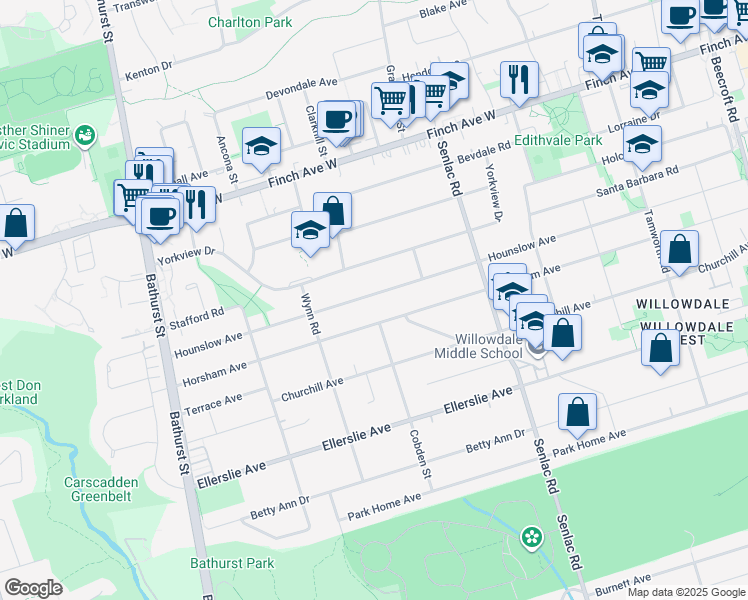 map of restaurants, bars, coffee shops, grocery stores, and more near 387 Hounslow Avenue in Toronto