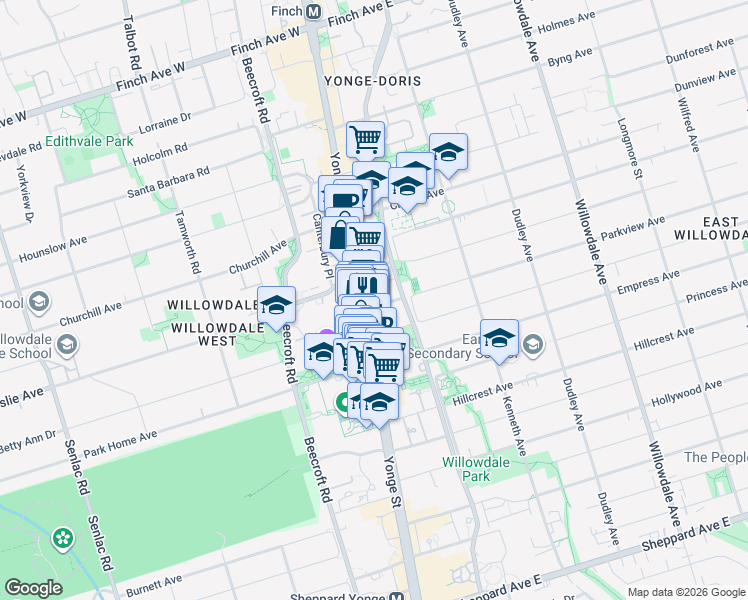 map of restaurants, bars, coffee shops, grocery stores, and more near 18 Parkview Avenue in Toronto