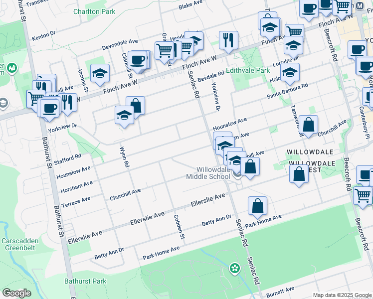 map of restaurants, bars, coffee shops, grocery stores, and more near 353 Hounslow Avenue in Toronto