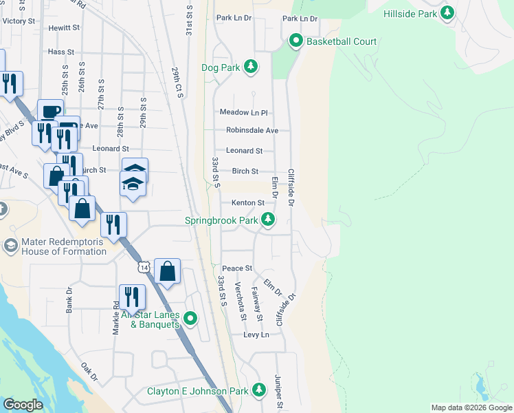 map of restaurants, bars, coffee shops, grocery stores, and more near 3512 Kenton Street in La Crosse