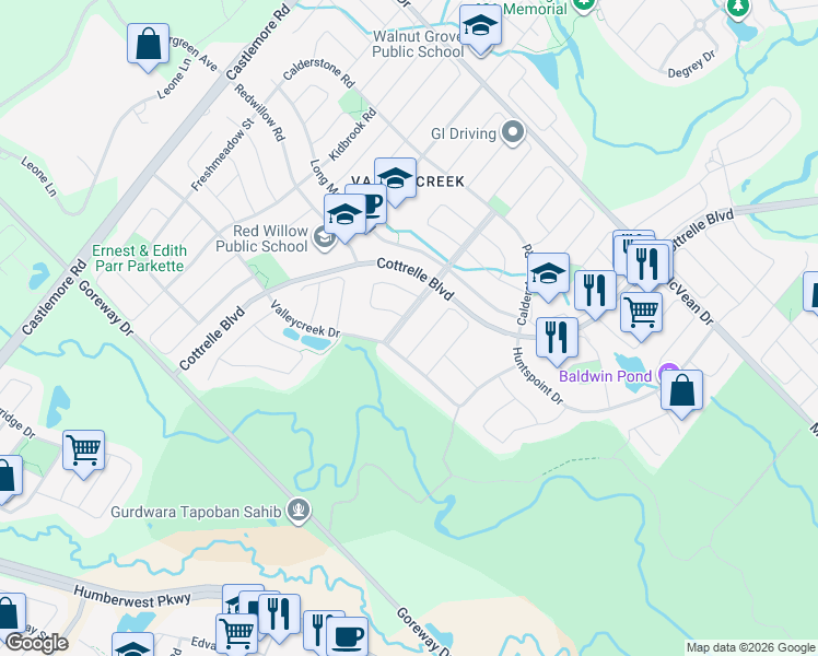 map of restaurants, bars, coffee shops, grocery stores, and more near 7 Prince Edward Boulevard in Brampton