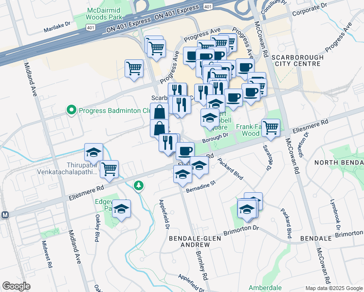 map of restaurants, bars, coffee shops, grocery stores, and more near 125 Omni Drive in Toronto