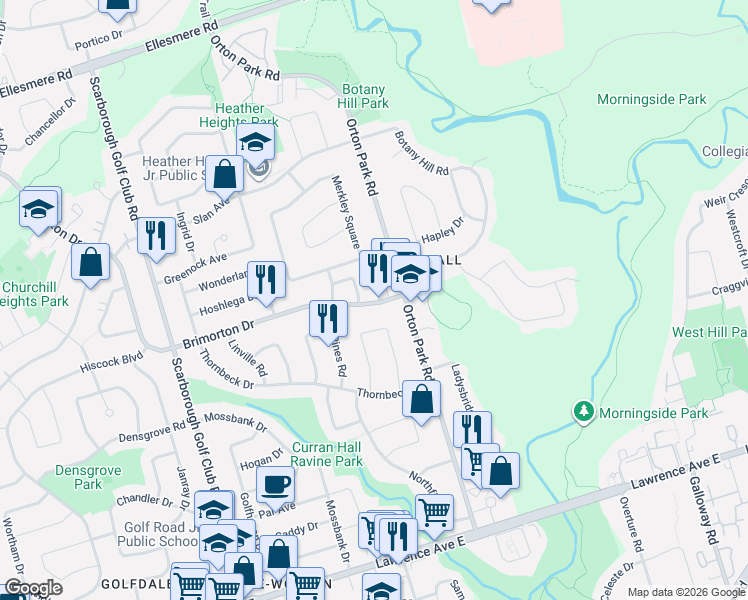 map of restaurants, bars, coffee shops, grocery stores, and more near 952 Brimorton Drive in Toronto