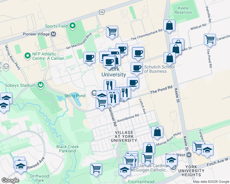 map of restaurants, bars, coffee shops, grocery stores, and more near 90 Atkinson Road in Toronto