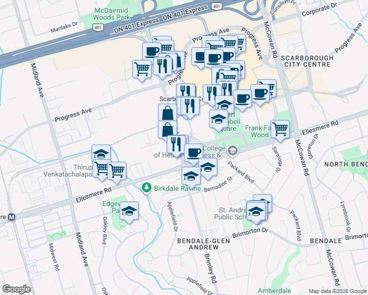 map of restaurants, bars, coffee shops, grocery stores, and more near 117 Omni Drive in Toronto