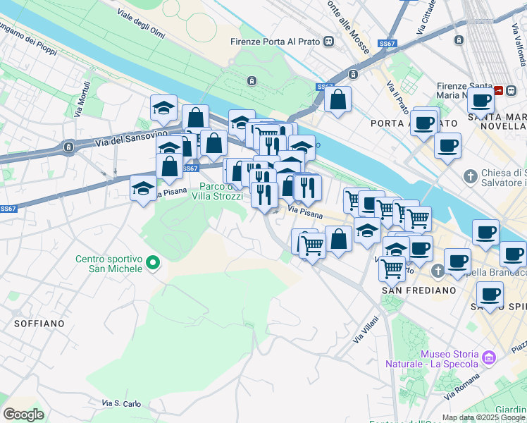 map of restaurants, bars, coffee shops, grocery stores, and more near 126 Via Pisana in Firenze
