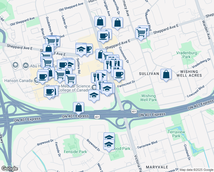 map of restaurants, bars, coffee shops, grocery stores, and more near 2450 Victoria Park Avenue in Toronto