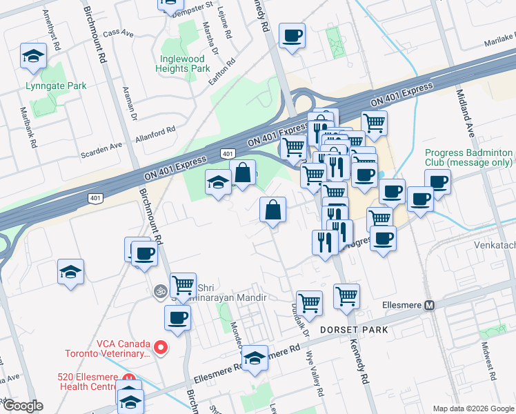 map of restaurants, bars, coffee shops, grocery stores, and more near 120 Dundalk Drive in Toronto