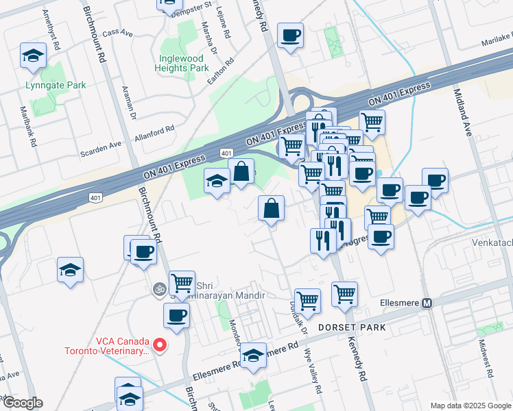 map of restaurants, bars, coffee shops, grocery stores, and more near 120 Dundalk Drive in Toronto